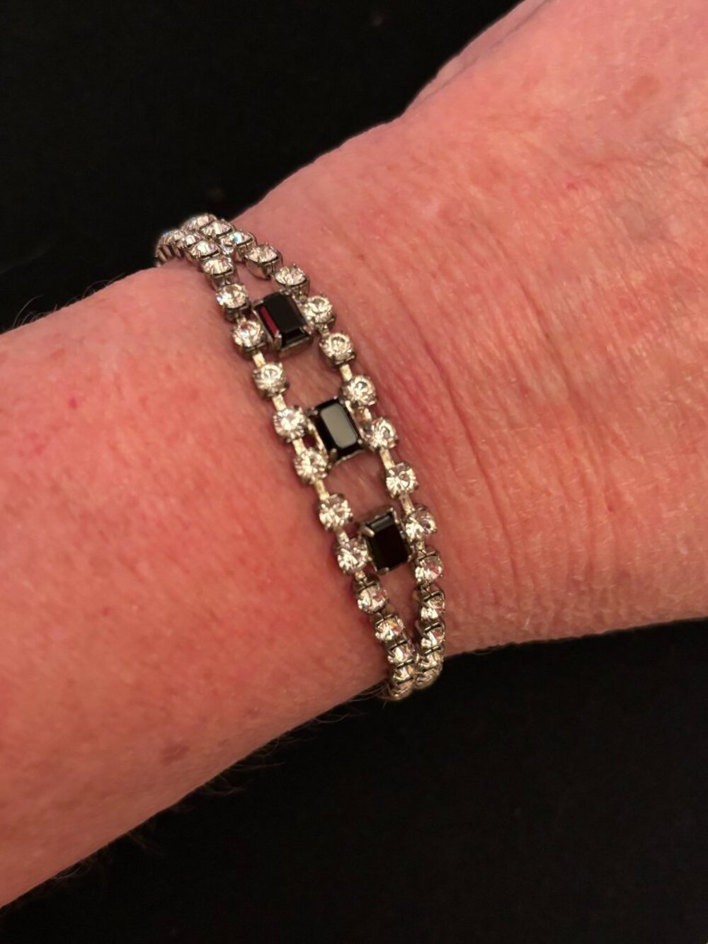 Vintage Silver Tone Black & Clear Rhinestone Bracelet